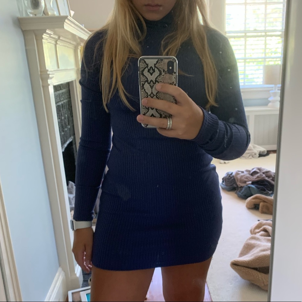 blue turtleneck bodycon dress